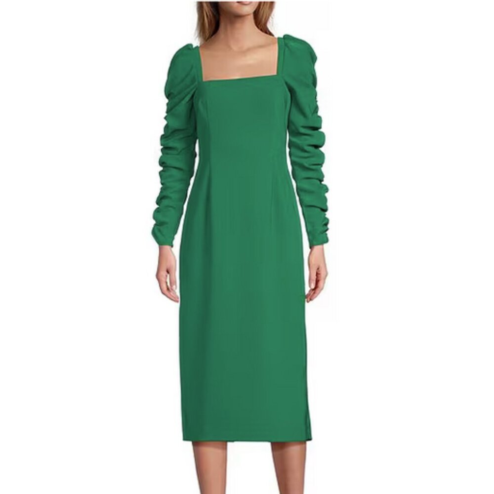 Antonio Melani Elena Crepe Square Neck Long Ruched Sleeve Midi Dress; Gree NWT!